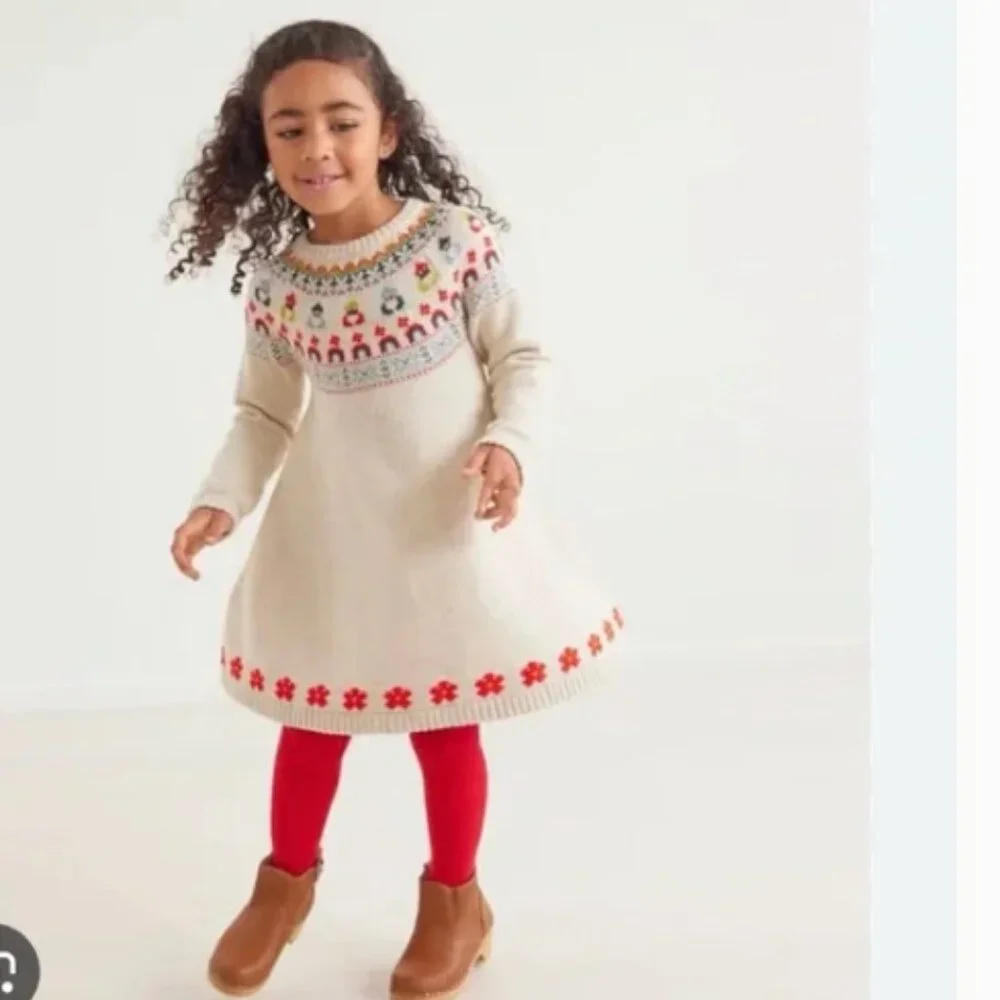 Hanna Andersson Cotton Sweater Dress Girls Size 8 Yoke Fair Isle Nordic Quirky